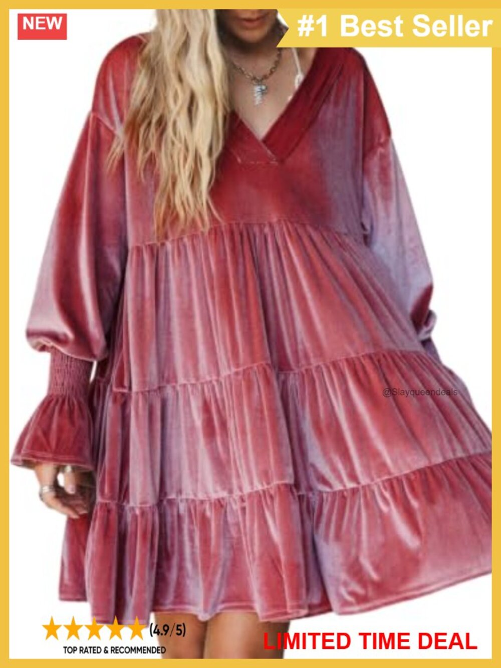 Velvet Long Puff Sleeve Tiered Ruffle Tunic Dress V-Neck A-Line
